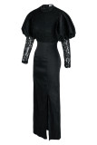 Black Fashion Sexy Solid Patchwork Slit O Neck Evening Dress
