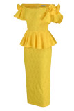 Yellow Fashion Sexy Patchwork Backless Off the Shoulder Evening Dress