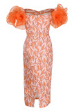 Orange Fashion Sexy Print Patchwork Slit Off the Shoulder Evening Dress