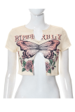 Khaki Sexy Butterfly Print Slit V Neck T-Shirts