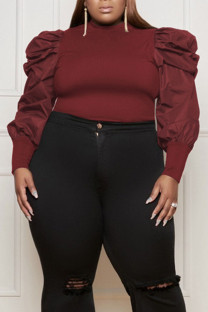 Burgundy Casual Solid Patchwork Half A Turtleneck Plus Size Tops
