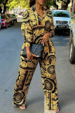 Yellow Casual Print Patchwork Buckle Turndown Collar Long Sleeve Two Pieces