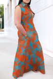 Tangerine Casual Print Patchwork Buckle Turndown Collar A Line Plus Size Dresses
