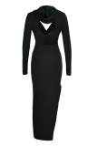 Blue Fashion Print High Opening Hooded Collar Pencil Skirt Dresses
