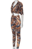 Brown Sexy Print Bandage Patchwork V Neck Short Sleeve Two Pieces