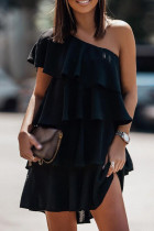 Black Casual Solid Patchwork Flounce Oblique Collar Cake Skirt Dresses