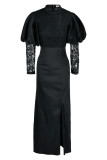 Black Fashion Sexy Solid Patchwork Slit O Neck Evening Dress