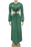 Turquoise Casual Solid Hollowed Out Patchwork O Neck Straight Dresses