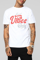 White Fashion Print Letter O Neck Tops