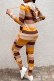 Colour Casual Striped Print Patchwork Hooded Collar Long Sleeve Two Pieces