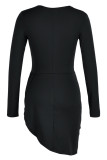 Red Fashion Sexy Solid Hollowed Out Patchwork Asymmetrical V Neck Long Sleeve Dresses