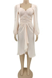 Apricot Casual Solid Patchwork Fold Asymmetrical V Neck Irregular Dress Dresses