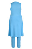 Baby Blue Fashion Casual Solid Slit O Neck Sleeveless Two Pieces