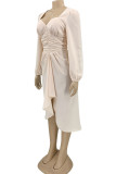 Apricot Casual Solid Patchwork Fold Asymmetrical V Neck Irregular Dress Dresses