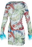 Pink Fashion Sexy Print Tassel Patchwork O Neck Long Sleeve Dresses