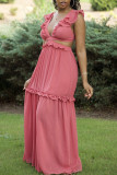 Watermelon Red Sexy Casual Solid Hollowed Out Patchwork V Neck Long Dress