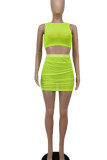Fluorescent Green Sexy Solid Patchwork See-through O Neck Sleeveless Two Pieces