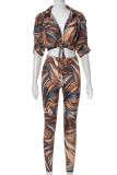 Brown Sexy Print Bandage Patchwork V Neck Short Sleeve Two Pieces