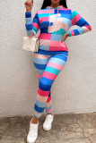 Colour Casual Striped Print Patchwork Hooded Collar Long Sleeve Two Pieces