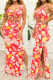 Red Sexy Print Bandage Hollowed Out Patchwork Slit V Neck Straight Dresses