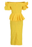 Yellow Fashion Sexy Patchwork Backless Off the Shoulder Evening Dress