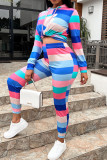 Colour Casual Striped Print Patchwork Hooded Collar Long Sleeve Two Pieces