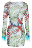 Pink Fashion Sexy Print Tassel Patchwork O Neck Long Sleeve Dresses