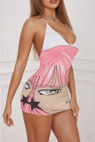 Pink Sexy Print Patchwork Halter Pencil Skirt Dresses