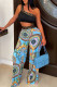 Blue Sexy Print Patchwork Oblique Collar Two Pieces