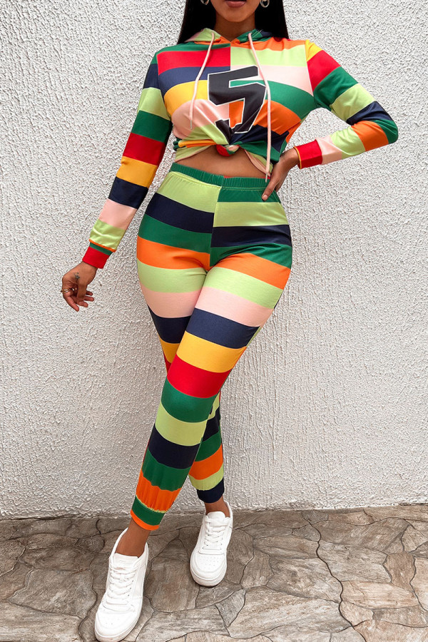 Colour Casual Striped Print Patchwork Hooded Collar Long Sleeve Two Pieces
