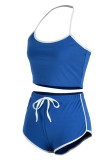Blue Fashion Casual Solid Patchwork Backless Halter Sleeveless Two Pieces