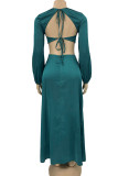Turquoise Casual Solid Hollowed Out Patchwork O Neck Straight Dresses