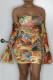 Yellow Sexy Print Fold Off the Shoulder Pencil Skirt Dresses