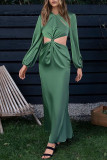 Turquoise Casual Solid Hollowed Out Patchwork O Neck Straight Dresses