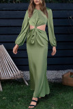 Turquoise Casual Solid Hollowed Out Patchwork O Neck Straight Dresses