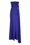 Blue Fashion Sexy Solid Patchwork Backless Slit Strapless Evening Dress