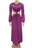 Turquoise Casual Solid Hollowed Out Patchwork O Neck Straight Dresses