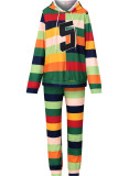 Colour Casual Striped Print Patchwork Hooded Collar Long Sleeve Two Pieces