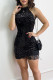 Black Sexy Solid Sequins Patchwork O Neck Pencil Skirt Dresses