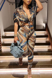 Brown Sexy Print Bandage Patchwork V Neck Short Sleeve Two Pieces