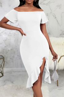 White Sexy Solid Patchwork Flounce Asymmetrical Off the Shoulder Straight Dresses