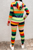 Colour Casual Striped Print Patchwork Hooded Collar Long Sleeve Two Pieces