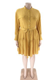 Yellow Casual Solid Patchwork Buckle Mandarin Collar A Line Plus Size Dresses