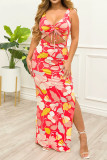 Red Sexy Print Bandage Hollowed Out Patchwork Slit V Neck Straight Dresses
