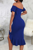 Blue Sexy Solid Patchwork Flounce Asymmetrical Off the Shoulder Straight Dresses