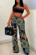 Black Sexy Print Patchwork Oblique Collar Two Pieces