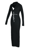 Blue Fashion Print High Opening Hooded Collar Pencil Skirt Dresses