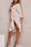 Apricot Casual Solid Patchwork Fold Asymmetrical V Neck Irregular Dress Dresses