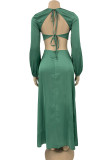 Turquoise Casual Solid Hollowed Out Patchwork O Neck Straight Dresses