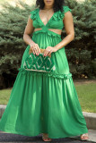 Watermelon Red Sexy Casual Solid Hollowed Out Patchwork V Neck Long Dress